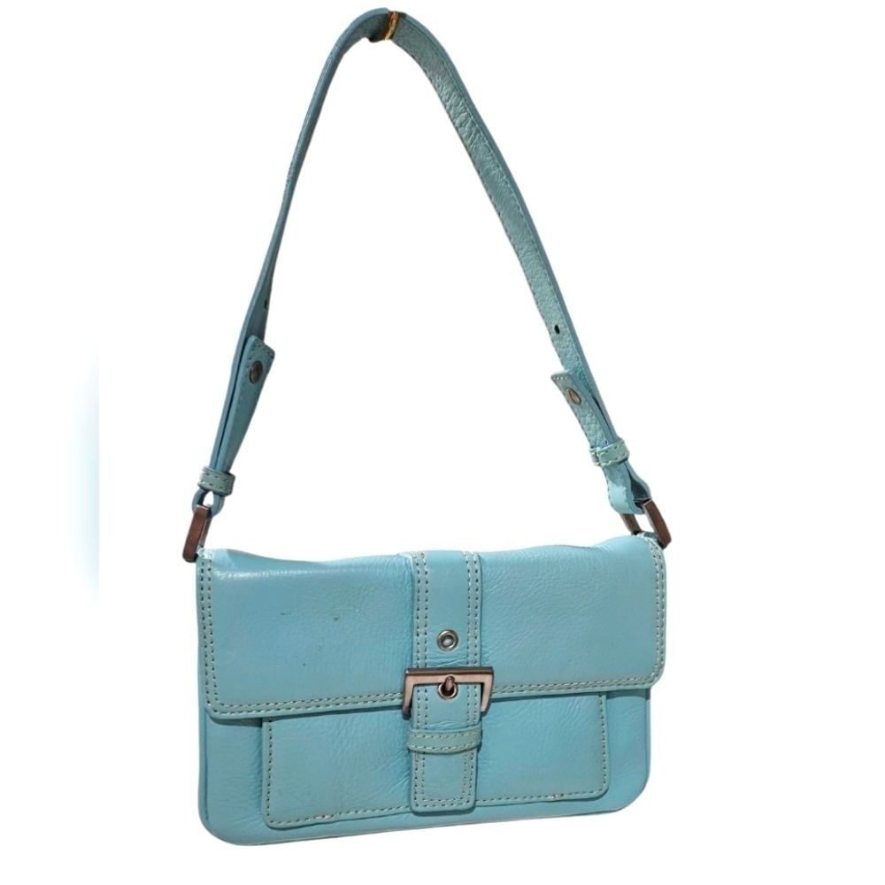 Vintage TALBOTS leather Shoulder Bag In Baby Blue/Adjustable Strap,Silver Buckle